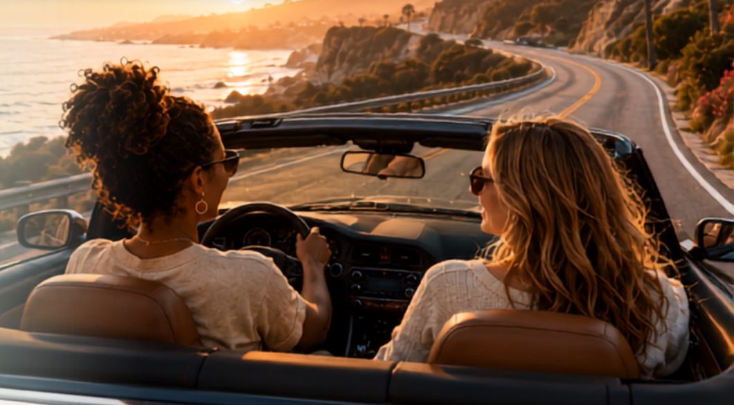 Two women driving a convertible down a coastal road at sunset — Claude Girl Summer